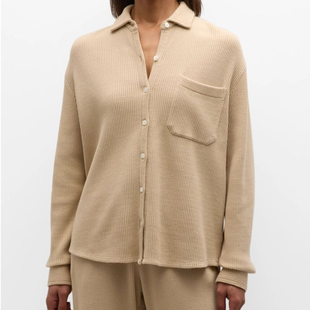 NWT ATM Anthony Thomas Melillo Waffle-Knit Long-Sleeve Cotton Shirt Shitake Tan